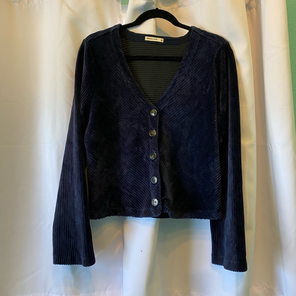 Marine Layer Navy Corduroy Button-Front crop Sweater